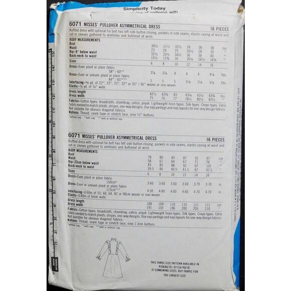 Simplicity 6071 Pattern Dress Miss 10 Uncut Cottagecore Pullover Asymmetrical - Picture 4 of 8